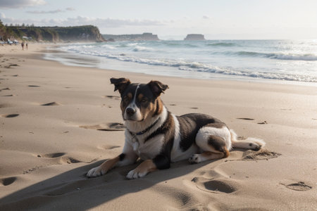 Tranquil Beach Retreat A Dog s Blissful Day by the Seaside AI Generated.の素材
