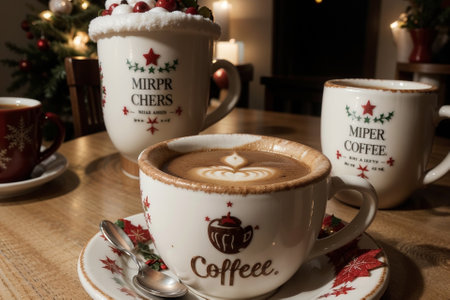 Festive Christmas Coffee Cups with Decorations AI Generated.の素材