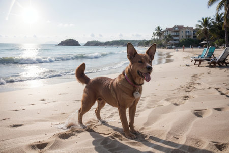 Sun Kissed Fun Beach Resort with a Playful Dog AI Generated.の素材