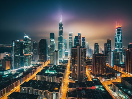 Illuminated Skyscrapers A Nighttime Urban Spectacle AI Generated.の素材