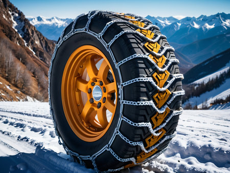 Mountain Adventure Conquering Snowy Peaks with Snow Chains AI Generated.の素材