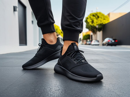 Comfort and Style Combined Sleek Black Men s Sneakers with Memory Foam Sole AI Generated.の素材