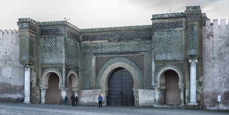 Meknes, Morocco - February 13, 2017: Unidentified people in front of the gate of Bab el Mansour in Meknes, Moroccoのeditorial素材