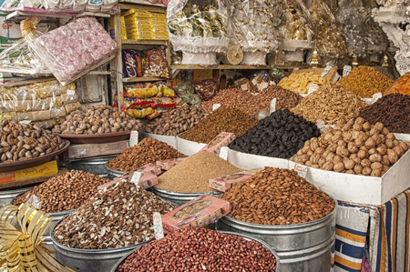FEZ, MOROCCO - FEBRUARY 20, 2017: Dried Fruits in a Market (souk) in Fes, Morocco. The market is one of the most important attractions of the city.のeditorial素材