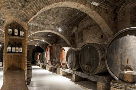 MONTE OLIVETO, TUSCANY-ITALY, OCTOBER 31, 2016: Wine cellar in the Abbey of Monte Oliveto Maggiore is a large Benedictine monastery in the Italian region of Tuscany near Siena.のeditorial素材