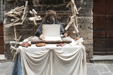 GUBBIO, ITALY - 08 DECEMBER 2017 - A visit to the beautiful medieval town of Umbria Region, during the Christmas holidays, with the nativity scenes of life-size statues in San Martino district - Italyのeditorial素材