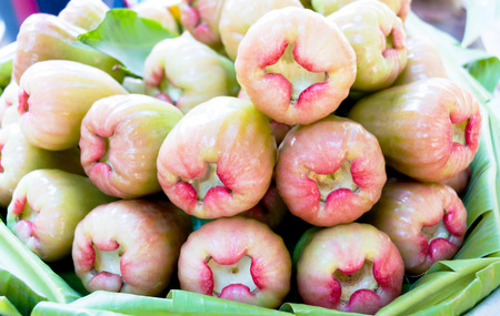 pink rose apples on banana leaves for selling