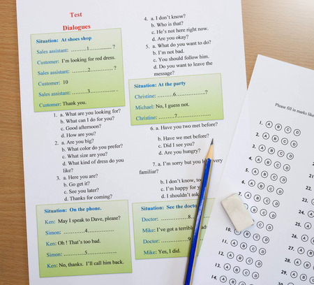 colorful english dialogues test on tableの写真素材