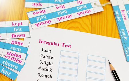 english test on table with pencilの写真素材