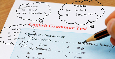 blue english grammar test on tableの写真素材