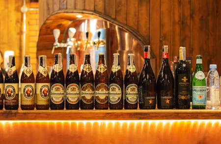 NAKHON RATCHASIMA,THAILAND-March 13, 2020: different brands of beer on bar in club in front of beer tankのeditorial素材
