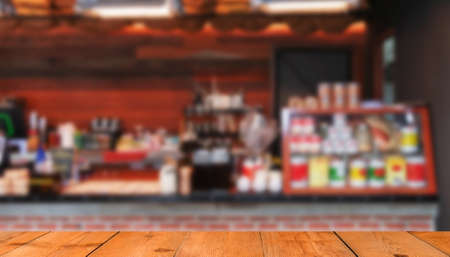 blurred Thai coffee shop decorated counter with perspective wooden barの写真素材