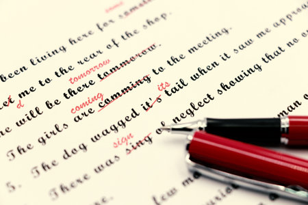 proofreading of English sentences on white paperwork with penの写真素材