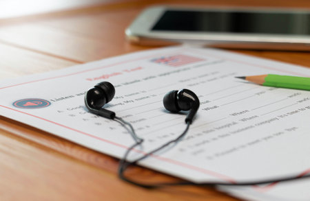 English listening test with earphone and tablet on wooden deskの写真素材