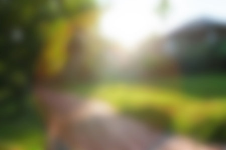 blurred green garden with pathway among resident houses under bright sunlightの写真素材