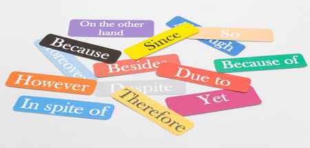 English colorful flashcards of conjuction words on white background
