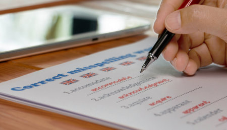 English misspelling worksheet with pen and tablet on wooden table in officeの写真素材