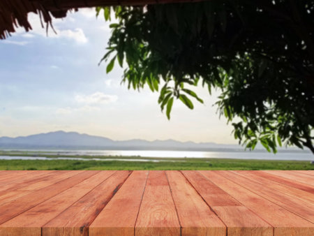 perspective wooden board over blurred nature viewの写真素材