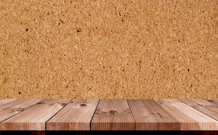 perspective wooden board over blurred cork wallpaper for template