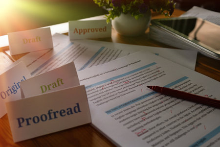 English article being proofread on desk at working station