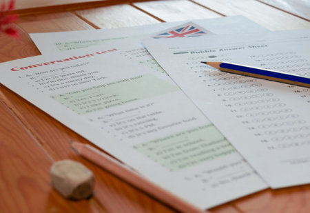English conversation test and bubble answer sheet on table in classroomの写真素材