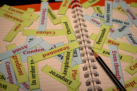 lots of colorful English vocabulary flash cards on open book