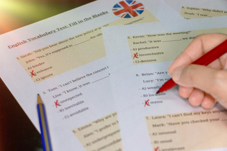 multiple choice English vocabulary test under summer light in classroomの写真素材