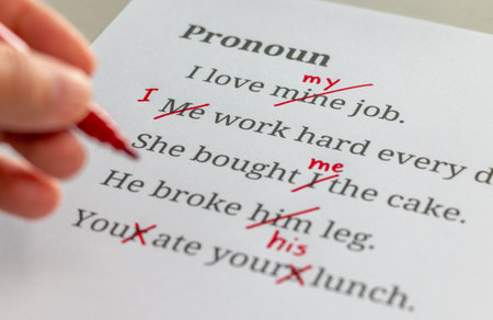 English pronoun grammar test sheet on table in classroomの写真素材