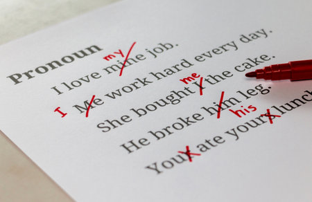 English pronoun grammar test sheet on table in classroomの写真素材