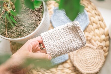 Zero waste concept, natural jute sponge for kitchen dishes, eco reusable product. Say no plastic pollutionの写真素材