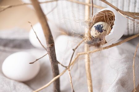 quail egg in nest made from egg in rustic beige colours monochrome. Easter holidays decoration