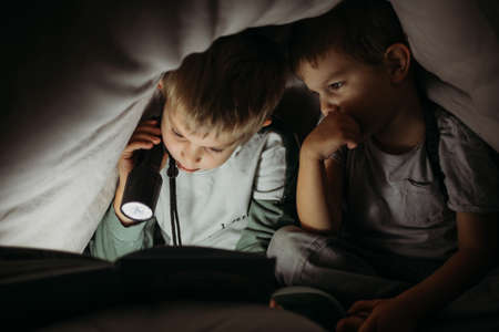 Two little brothers reading a book at night hiding under the blanketの写真素材
