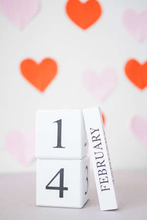 14 February date calendar. Saint Valentines celebration concept. Holiday and symbolsの写真素材