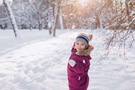 toddler girl in winter snowy forest playing with snow. Sunny winter day. Frosty snowy winter.の写真素材