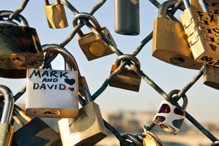 Padlock symbol of love shot at Ponts des Arts, Paris, Franceの写真素材