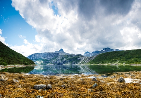 A calm fjord in Norway during a lowtideの写真素材