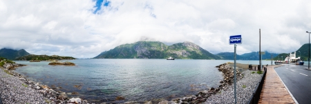 Panoramic shot of a ferry in Northern Norwayの写真素材