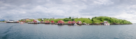 Panoramic view of a fishermen village on an island in Northern Norwayの写真素材