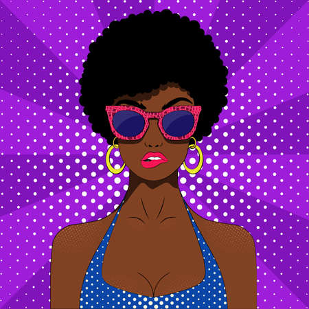 Girl in pop art style with glasses on a purple background.のイラスト素材