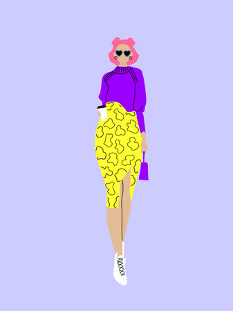 Vector beautiful fashion girl dressed in sweater, holds coffee cup and fashionable bag in her hand, color sketchのイラスト素材