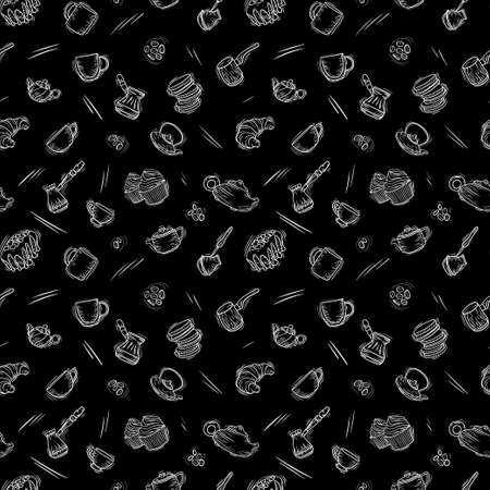 Coffee seamless pattern. Hand drawn repeating background with cups, cezve, beans and teapot. Sketchy wrapping texture.のイラスト素材