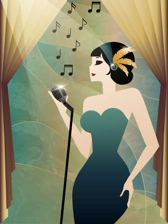 Jazz singer in a green dress against a marble background, 1920, art decoのイラスト素材