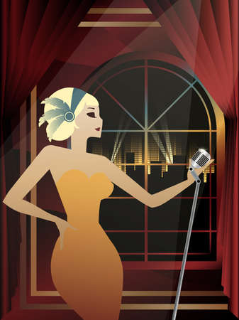 Jazz singer in the background of a window with a night city, 1920