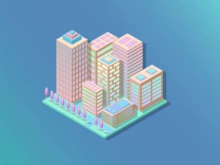 Isometric future city. Industrial office buildings in aerial view. Real estatet and virtual reality vector concept. Illustration of city isometric, office building 3d, gentle colorsのイラスト素材