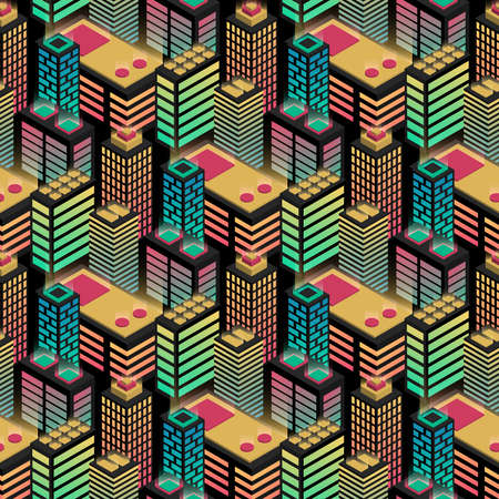Seamless urban pattern. Isometric view. green. blue and orange neon colors. Night city lights. Modern trendy background design. Vector illustration. EPSのイラスト素材