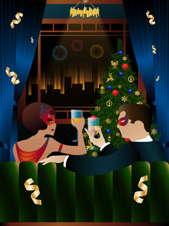 Young couple clinking glass. vector christmas toast concept. happy new year banner. merry christmas holiday.のイラスト素材