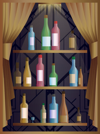 Alcohol bottles. Alcoholic drink bottle with vodka,champagne,wine, cognac,Brandy,liqueur,Whisky,rum tequila gin beer vermouth or brandy liquors bottles on bar shelf, alcohol set.のイラスト素材