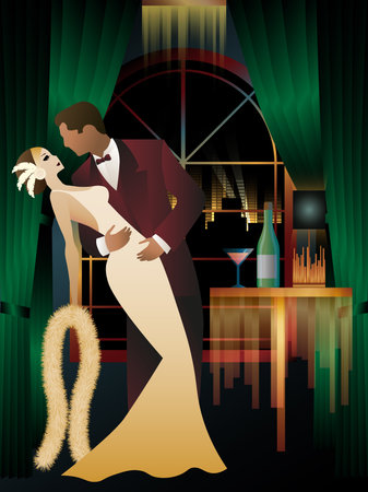 man and woman dancing in the background of the window, party, art deco, couple dressed in retro styleのイラスト素材
