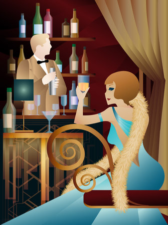 An elegant woman sits in a bar, a bartender makes cocktails. Art Deco style.のイラスト素材