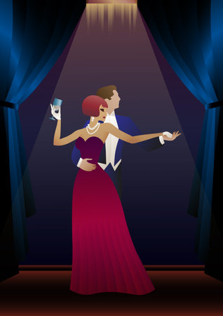 man and woman dancing in the background of the window, party, art deco, couple dressed in retro styleのイラスト素材